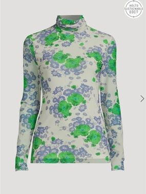 GANNI Turtle neck mesh long sleeve top in floral pint size 2